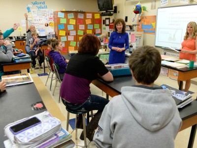 Courtney Matulka takes Jane Foley to classroom