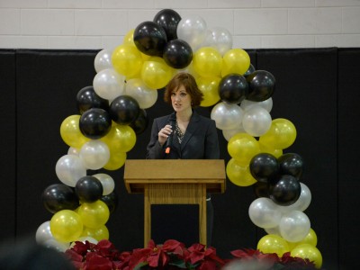 Principal Amber Dortch opens assembly