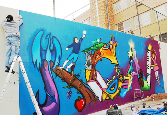 Guerilla Garden artist Jolt collaborates with the Kunsmiller Creative Arts Academy for their first public art mural, funded by Denver’s Urban Arts Fund.