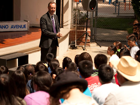 Solano Avenue Elementary School Principal William Bertrand welcomes students to a production of ‘Ralph Lazo: An Unsung Hero in History.’