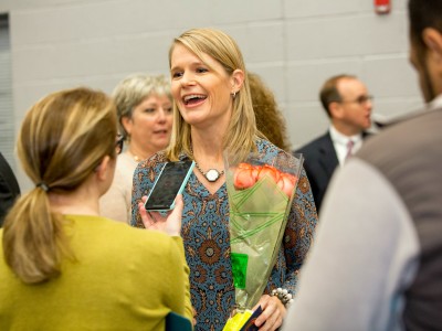 Allison Ruhl talks with reporters