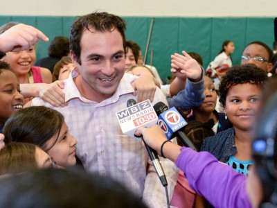 Anthony Petrelis with media and students