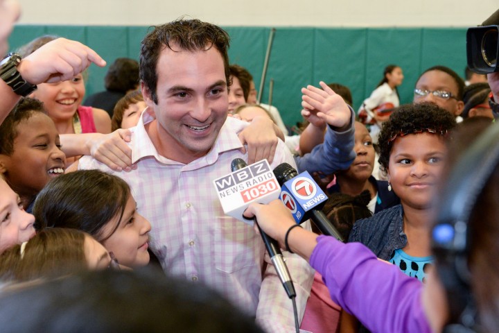 Anthony Petrelis with media and students