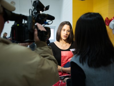 Cagney Weaver interviewed by reporters