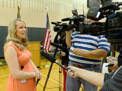 Courtney Matulka talks with media