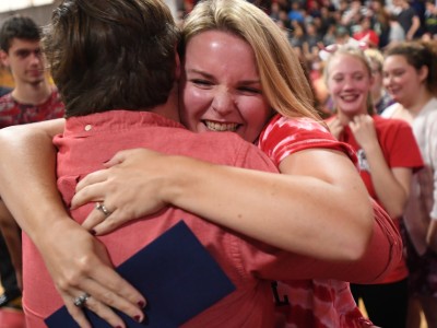 Coventry 2017 Lauren Hopkins hugs students staff