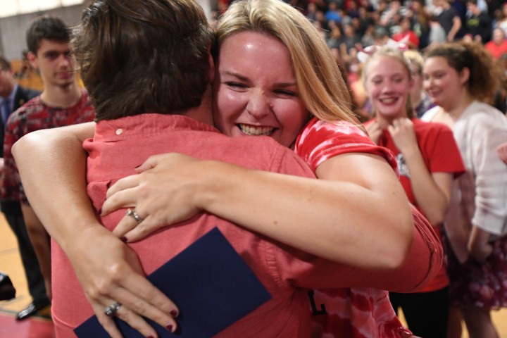 Coventry 2017 Lauren Hopkins hugs students staff