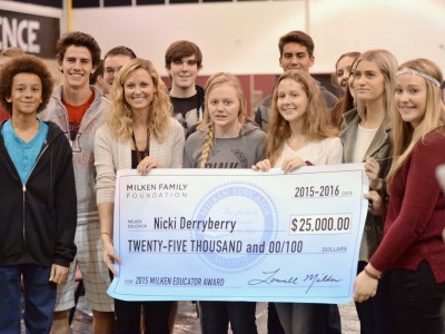 Derryberry and students with check