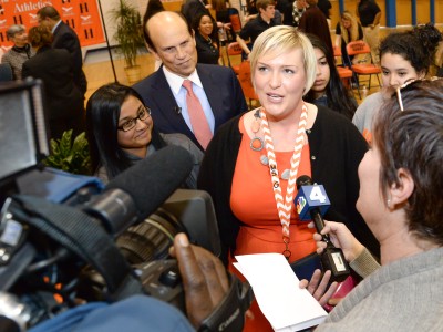 Elizabeth Galinis talks to media