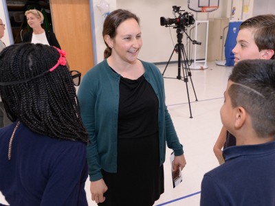 Emily Caldarelli talks with students