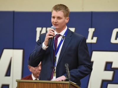 Jamestown 2017 principal Adam Gehlhar opens assembly