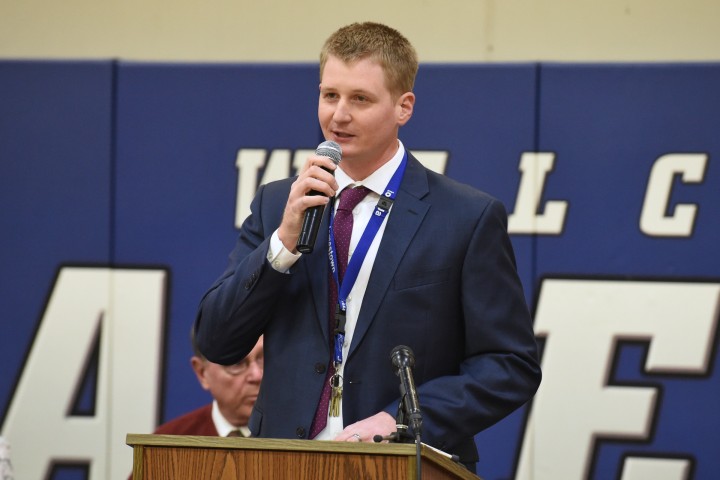 Jamestown 2017 principal Adam Gehlhar opens assembly