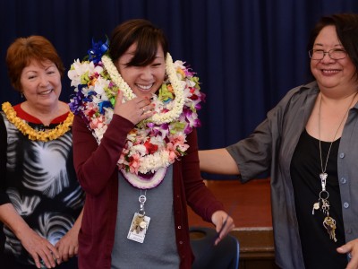 Jana Fukada receives leis from VIPs