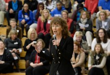 Jane Foley addresses assembly Shortridge HS