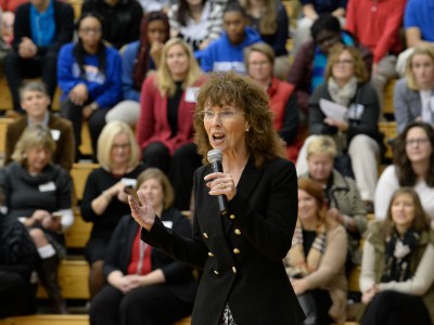 Jane Foley addresses assembly Shortridge HS