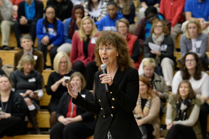 Jane Foley addresses assembly Shortridge HS