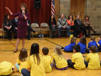 Jane Foley at Pioneer School assembly