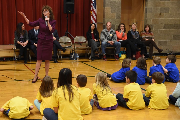 Jane Foley at Pioneer School assembly