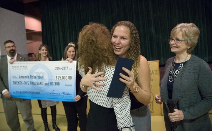 Jane Foley congratulates Amanda Robertson Jones Intermediate