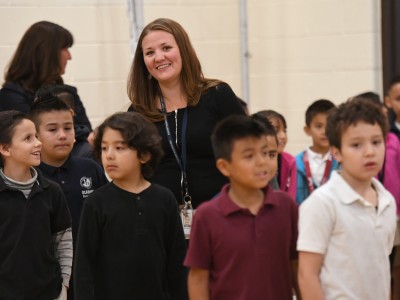 Jennie Schmaltz leads class to assembly