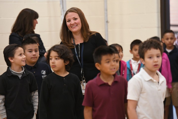 Jennie Schmaltz leads class to assembly