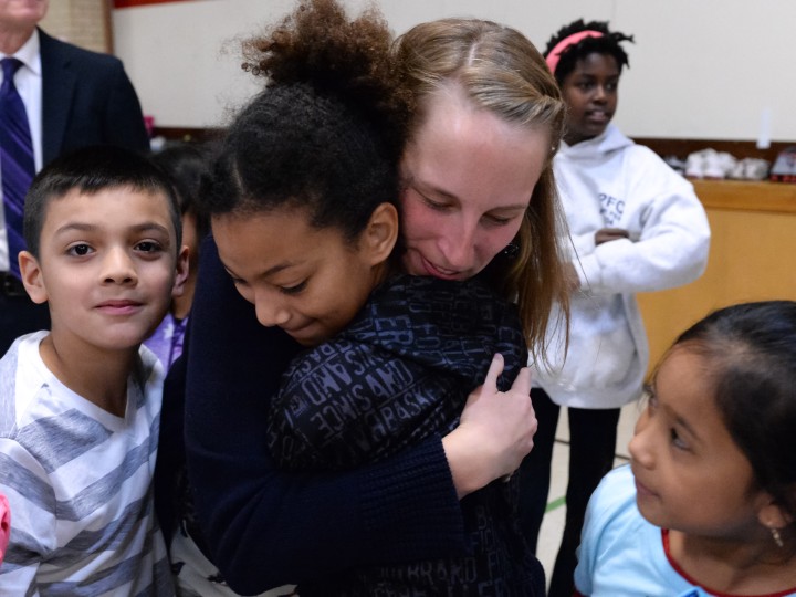 Josie Igielski hugged by students