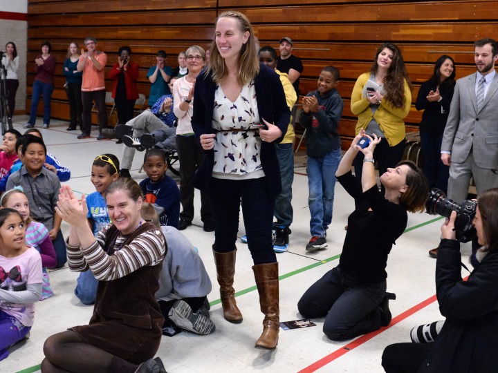 Josie Iglieski gets cheered by Lincoln assembly