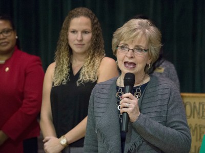 June Atkinson congratulates Amanda Robertson