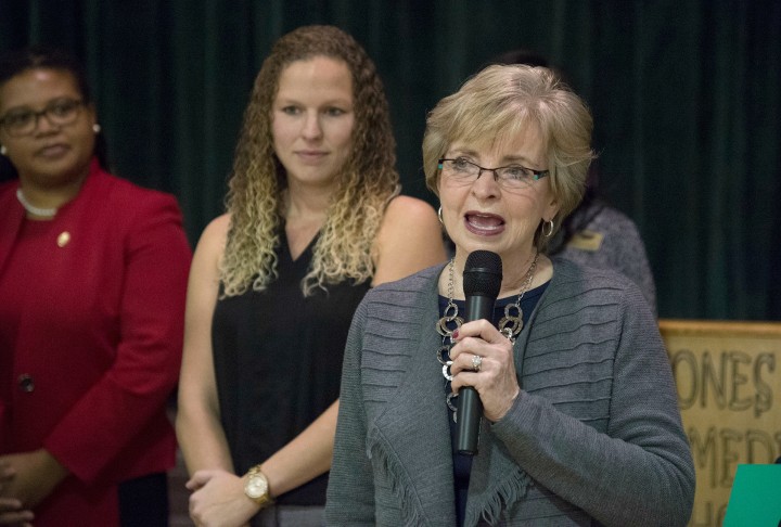 June Atkinson congratulates Amanda Robertson