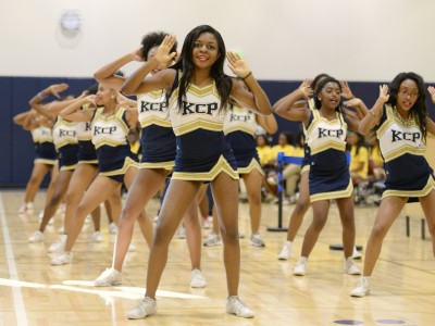 KIPP DC College Prep cheerleaders welcome students at Milken Educator Award notification Jessica Cunningham