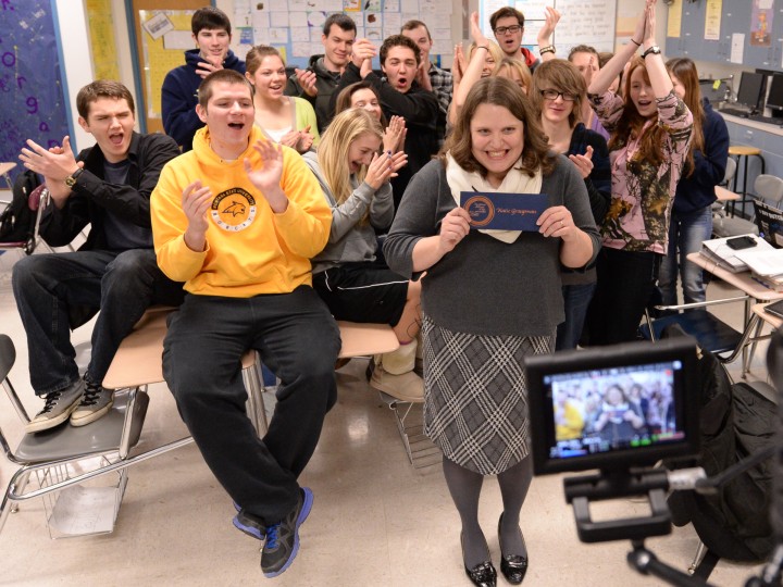 Katie Graupman and class on camera I am a Milken Educator