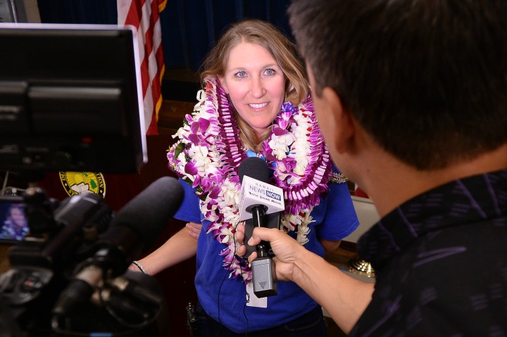 Kelly Sutcliffe talks with reporters