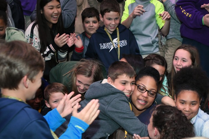 Lafayette 2017 Angela Boxie students hug