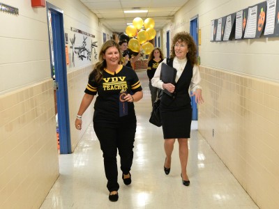 Lindsay Frevert Jane Foley walk to classroom