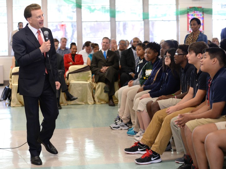 Lowell Milken talks to Port Allen students