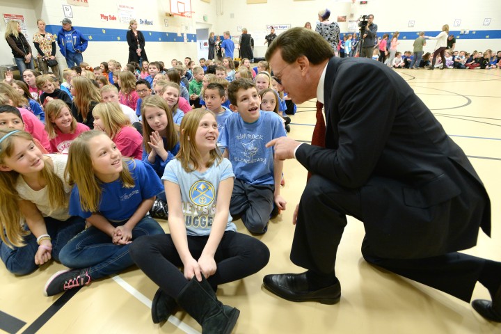 Lowell Milken talks with Rim Rock students before assembly