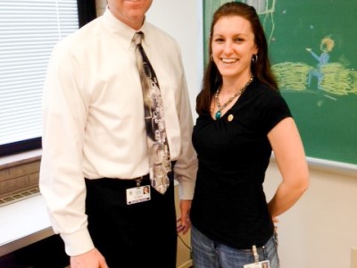 Meghan Nese pinning with principal Dr Boylan