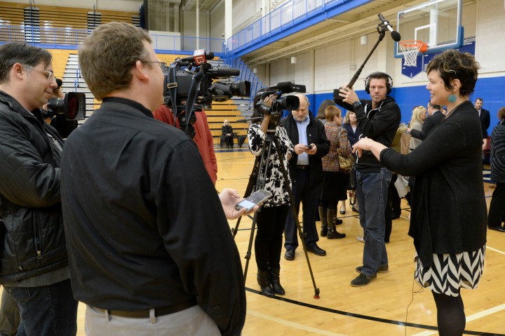 Melody Coryell talks with media