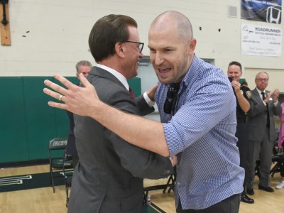 Oxnard 2017 Lowell Milken congratulates Aaron Ferguson