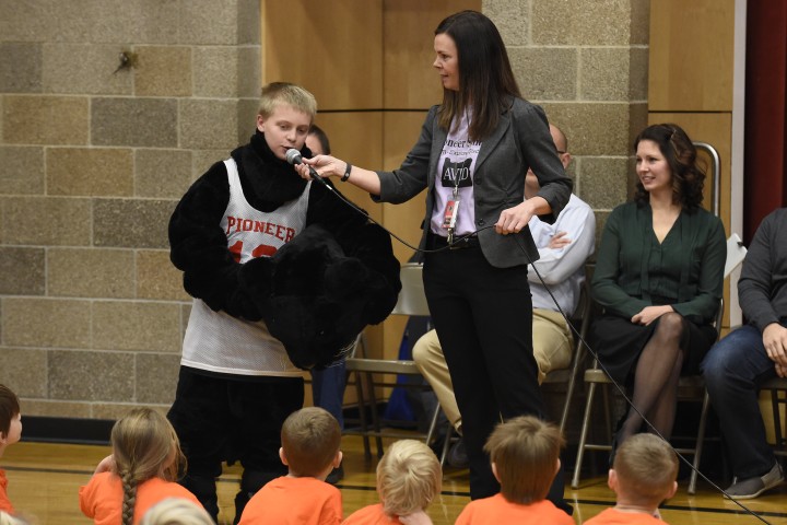 Pioneer mascot at assembly