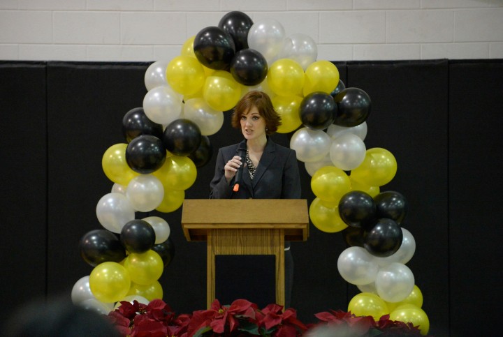 Principal Amber Dortch opens assembly