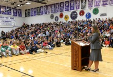 Principal Amy Murphy opens assembly