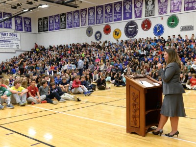 Principal Amy Murphy opens assembly