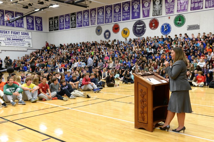 Principal Amy Murphy opens assembly