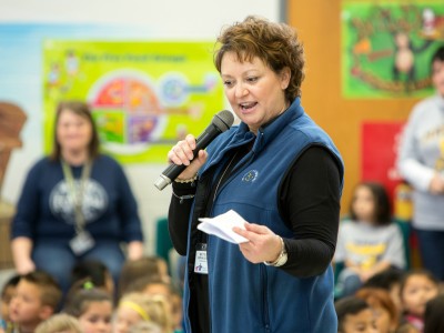 Principal Betsy Kinkade opens assembly