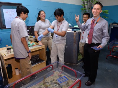 Robert ODonnell with students in the aquaculture lab