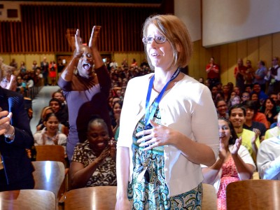 Sarah Berndt approaches the stage