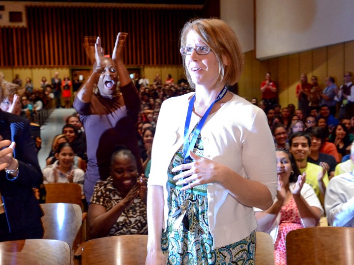 Sarah Berndt approaches the stage