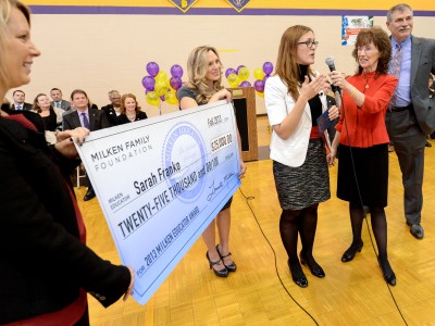 Sarah Franko accepts her Milken Educator Award