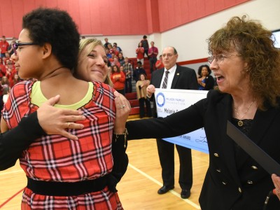 Slippery Rock 2017 Melanie Cole hugs student